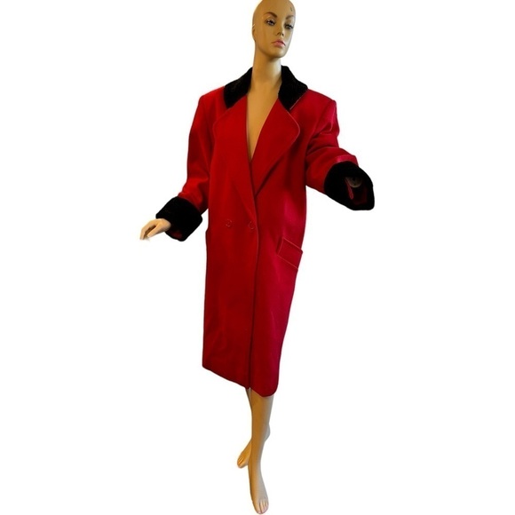 Vintage Red Wool Coat with Black Velvet Trim - Picture 7 of 8